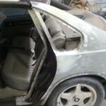 Before and after photographs of a damaged Chevy Impala that was repaired by Elite Paint & Body Shop in West Palm Beach, Florida.